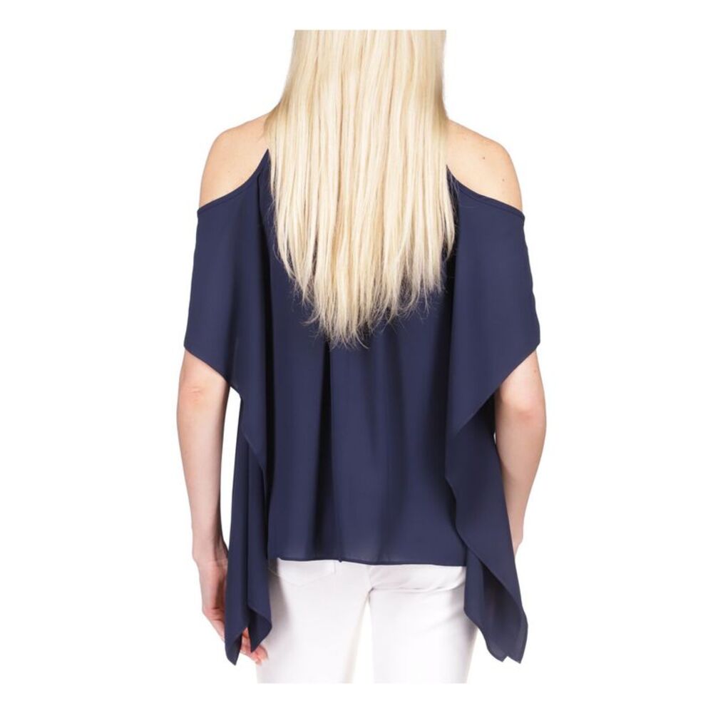 MICHAEL KORS Womens Navy Handkerchief Hem Elbow Sleeve Round Neck Top XS_2